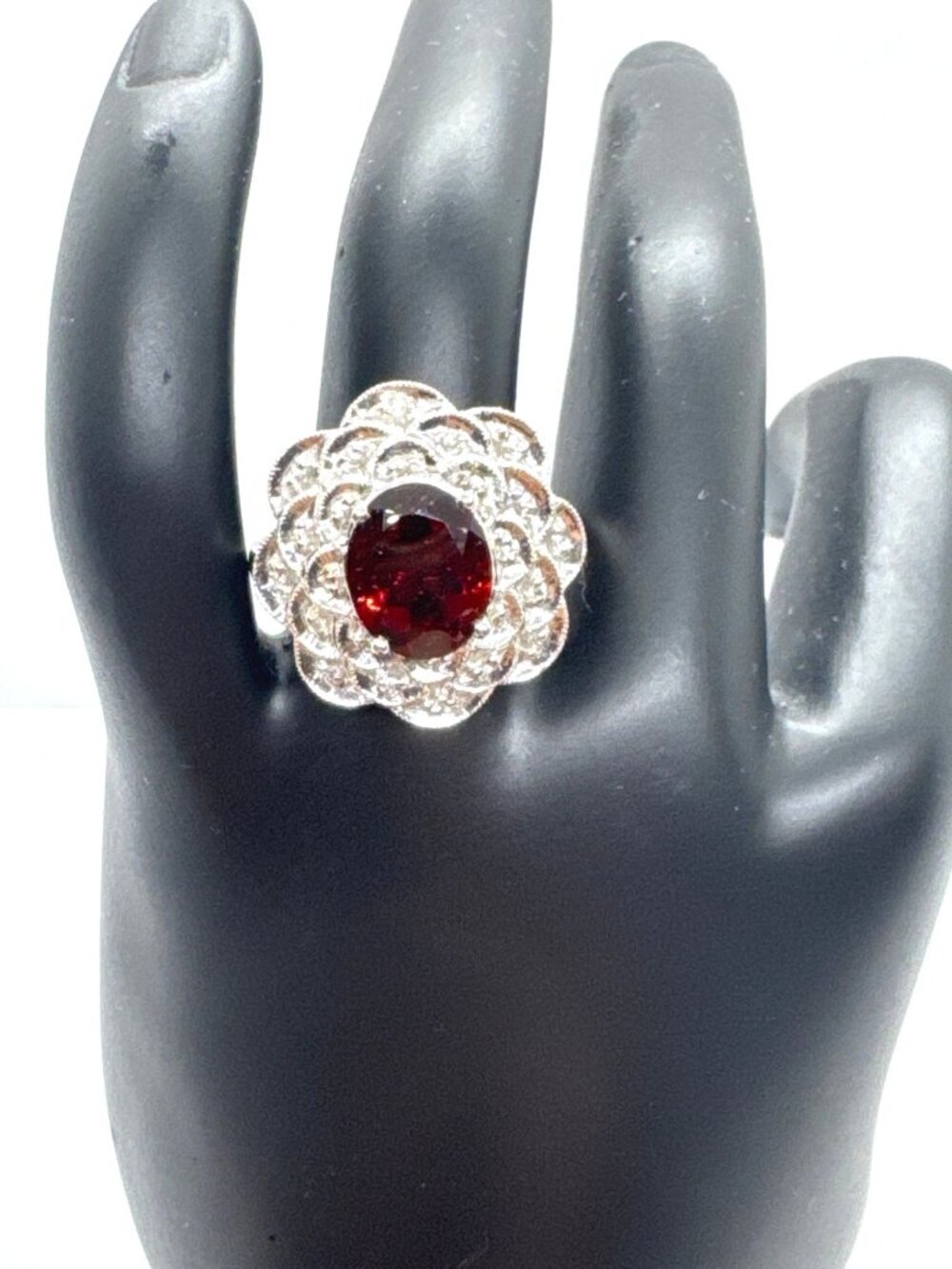 Sterling Silver Garnet Type Ring 925 India Floral Halo Cocktail Size 8 Romantic